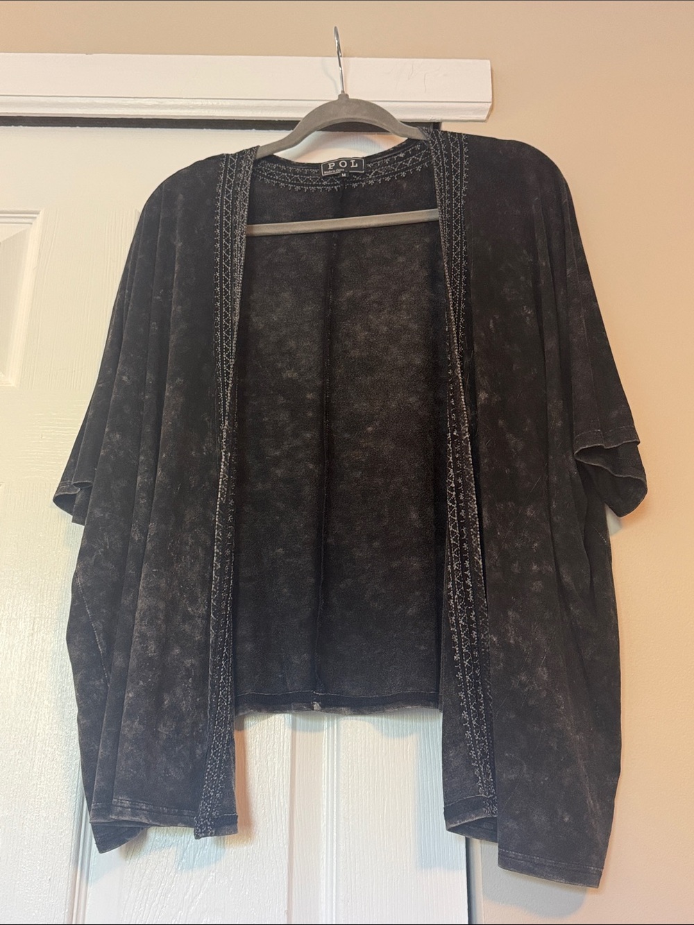 POL Black Mineral-Wash Open-Front Cardigan